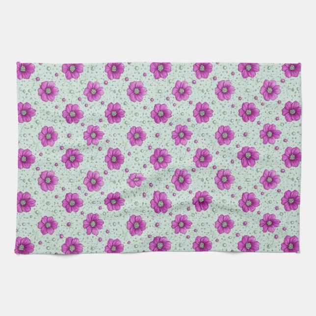 Rosa blommor Mönster med droppar Kökshandduk (Horisontell)