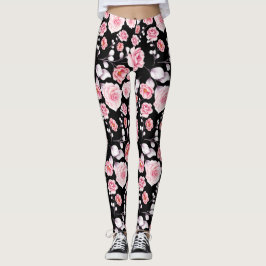 Rosa blommor mönster över svart leggings