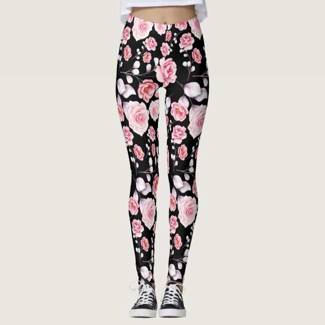 Rosa blommor mönster över svart leggings (Framsida)