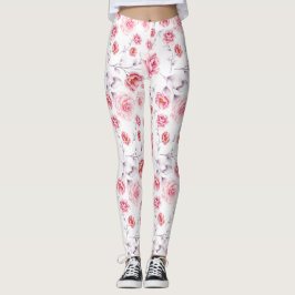 Rosa blommor mönster över vita baljväxter leggings