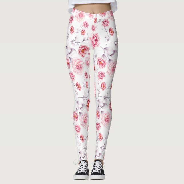 Rosa blommor mönster över vita baljväxter leggings (Framsida)