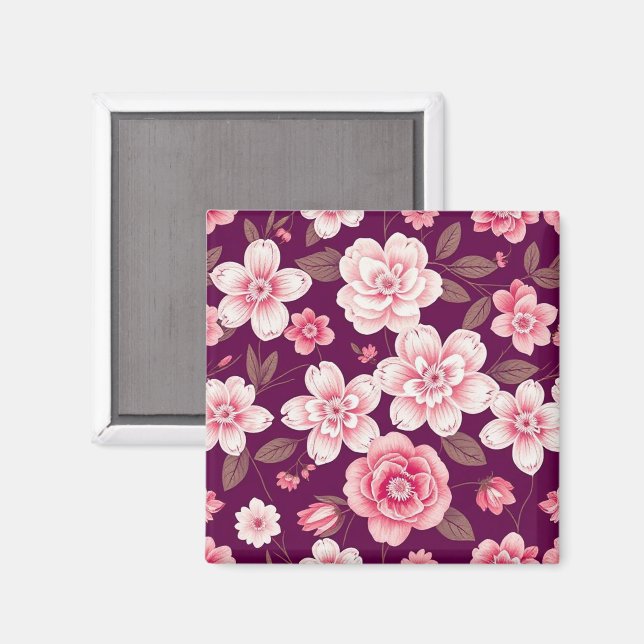 Rosa blommor mönster på lila magnet (Front/Back)