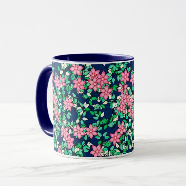Rosa blommor, mörk blått bakgrund mugg (Framsida vänster)