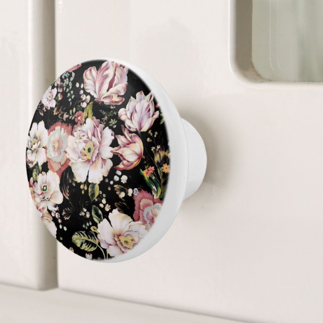  rosa blommor mörk blommigt för bohemisk chic knopp (bohemian chic blush pink flowers dark floral ceramic knob)