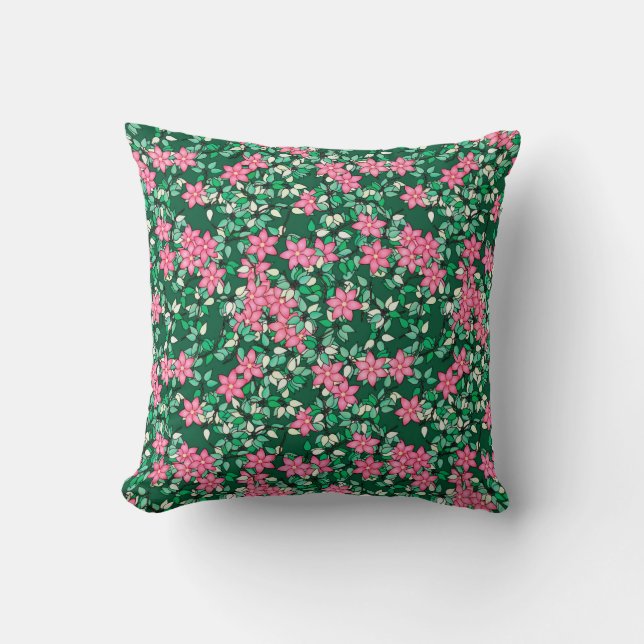 Rosa blommor, mörk grönt bakgrund kudde (Framsida)