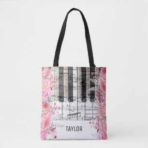 rosa blommor musiknoter piano toteväska tygkasse