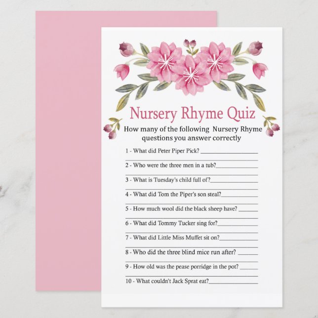 Rosa blommor Nursery Rhyme Quiz babyduschspel (Fram/baksida)