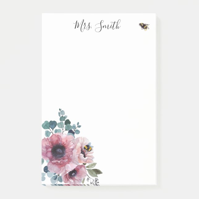 Rosa Blommor och bin Post-it Block (Framsida)
