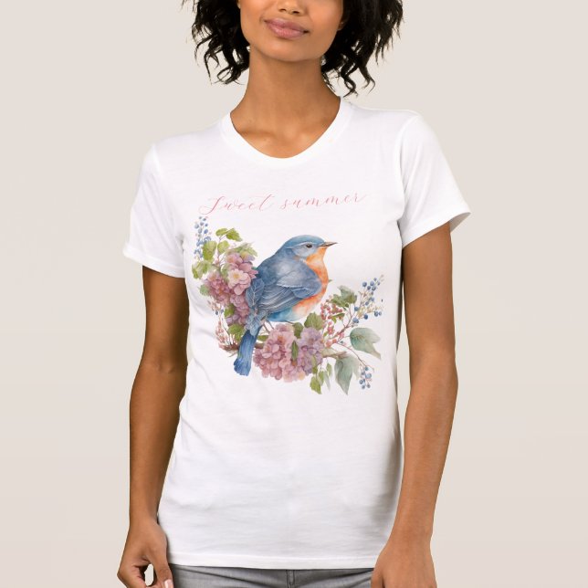 Rosa blommor och blåfågelkvinnor T-Shirt (Framsida)