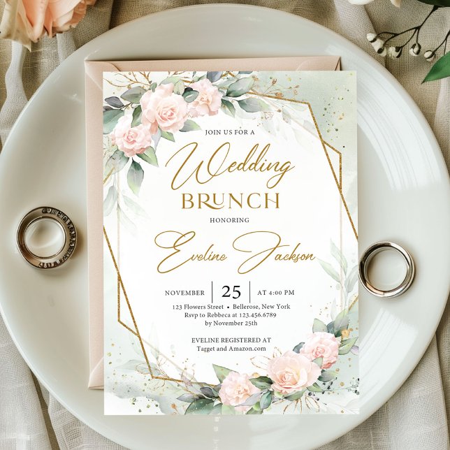 Rosa blommor och eucalyptus bröllopsbrunch inbjudningar (Watercolor soft pastel pink roses eucalyptus gold frame Wedding brunch invitation digital)