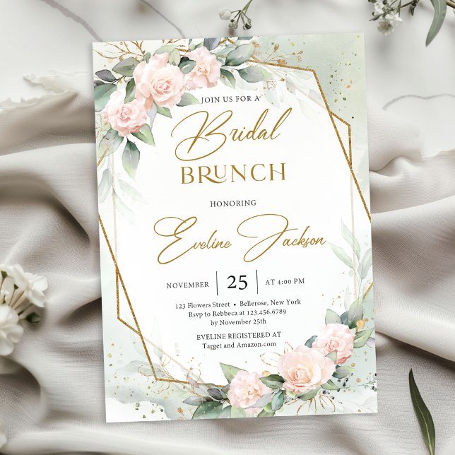  rosa blommor och eucalyptus möhippa brunch inbjudningar (Watercolor soft pastel pink roses eucalyptus gold frame bridal brunch invitation digital.jpg)