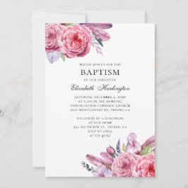 Rosa blommor och fjädrar. Boho blommigt baptism Inbjudningar