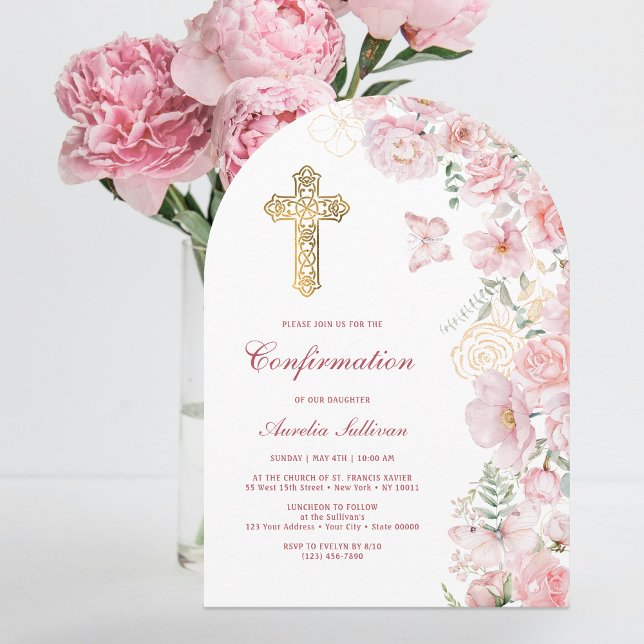 Rosa blommor och fjärilar Ark bekräftelse Inbjudningar (Skapare uppladdad)