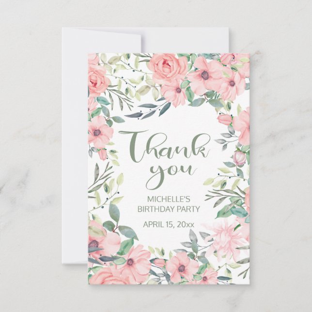 Rosa blommor och gröna salvia blad Sweet 16  Tack Kort (Framsida)
