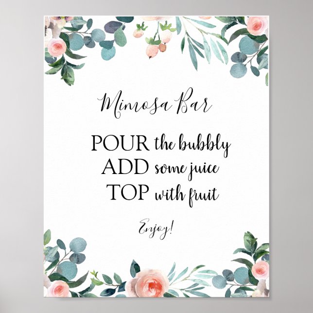 Rosa blommor och grönska Mimosa Bar Drinkskylt Poster (Framsidan)
