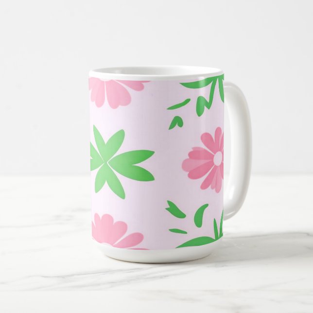 Rosa blommor och grönt löv sömlös mönster kaffemugg (Framsida höger)