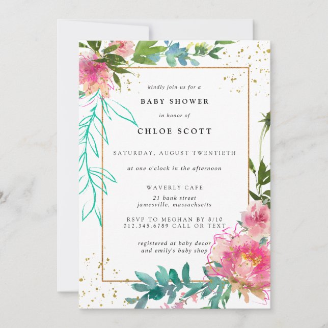 Rosa blommor och guld elegant baby shower inbjudningar (Framsida)