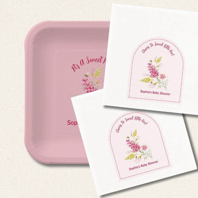 Rosa blommor och humla En söt liten bin Pappersservett (Skapare uppladdad)