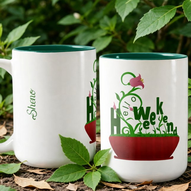 Rosa blommor och klängväxter fet text Två-Tonad mugg (Hello Weekend fantasy mug with pink flowers & vines. Add your name for a fun personal touch.)