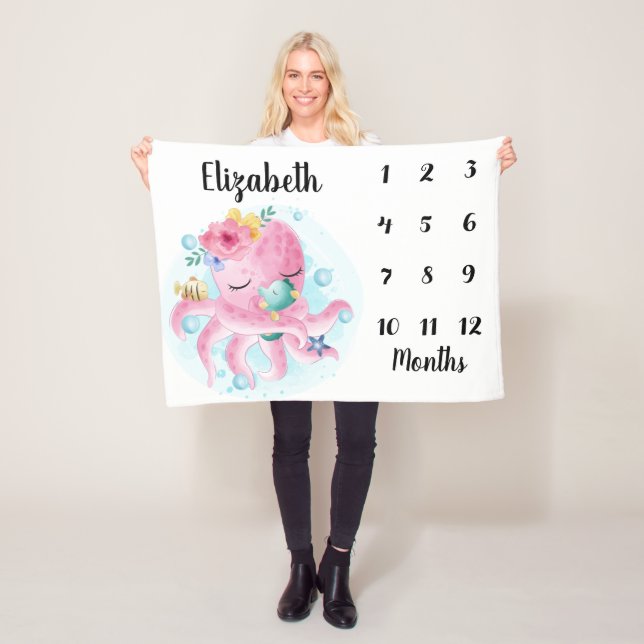 Rosa  blommor och Octopus Baby Milestone Fleecefilt (På plats)