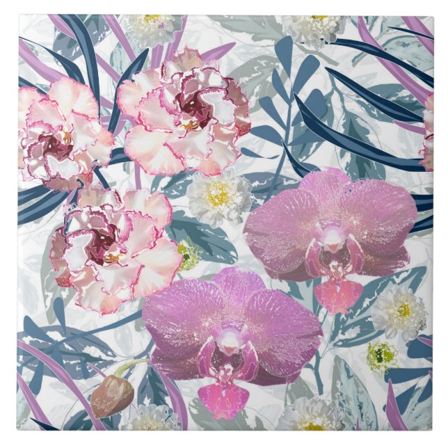 Rosa blommor och orkidéer. kakelplatta (Framsidan)