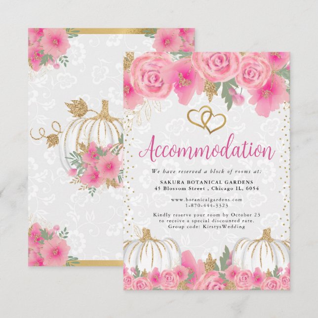 Rosa blommor och pumpa bröllopsboende tilläggskort (Fram/baksida)