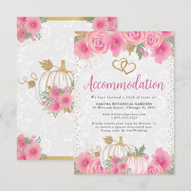 Rosa blommor och pumpa bröllopsinredning tilläggskort (Fram/baksida)