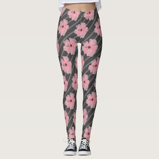 Rosa Blommor och Rand Leggings (Framsida)