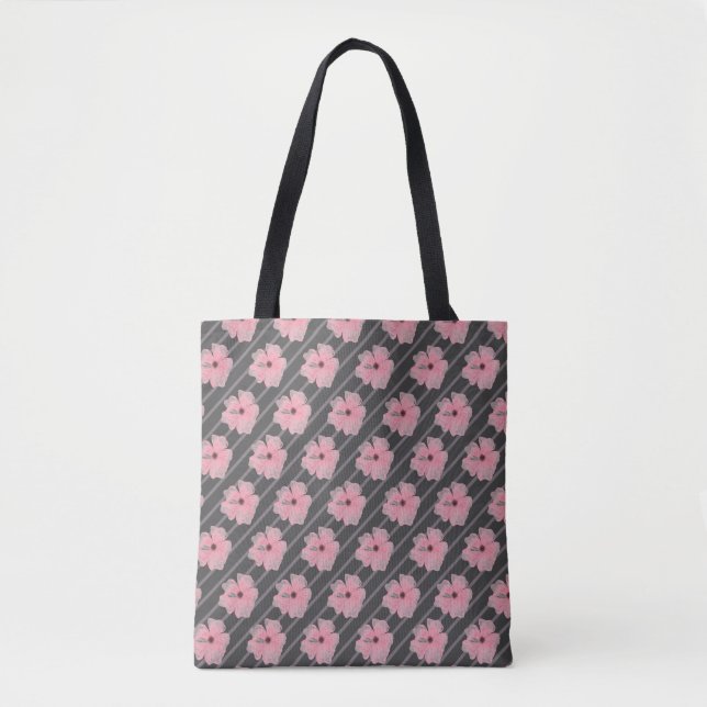Rosa blommor och randiga toteväska tygkasse (Framsida)