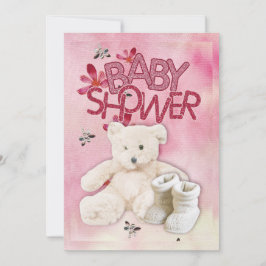 Rosa Blommor och Teddybjörn Babyduschinbjudan Inbjudningar