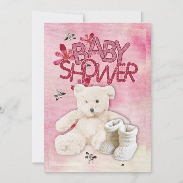 Rosa Blommor och Teddybjörn Babyduschinbjudan Inbjudningar (Framsida)