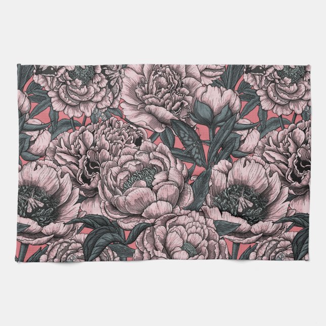 Rosa blommor och torvmossar kökshandduk (Horisontell)