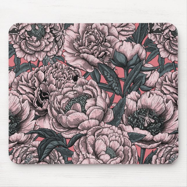 Rosa blommor och torvmossar musmatta (Framsidan)