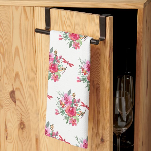 Rosa blommor och trollsländor mönster kökshandduk (Thirds Fold)