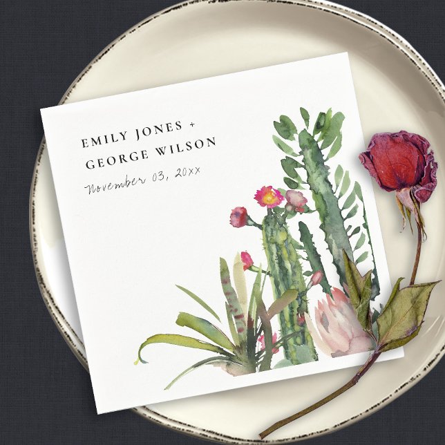 ROSA BLOMMOR ÖKEN KAKTUSAR FAUNA AKVARELL BRÖLLLOP PAPPERSSERVETT (Skapare uppladdad)