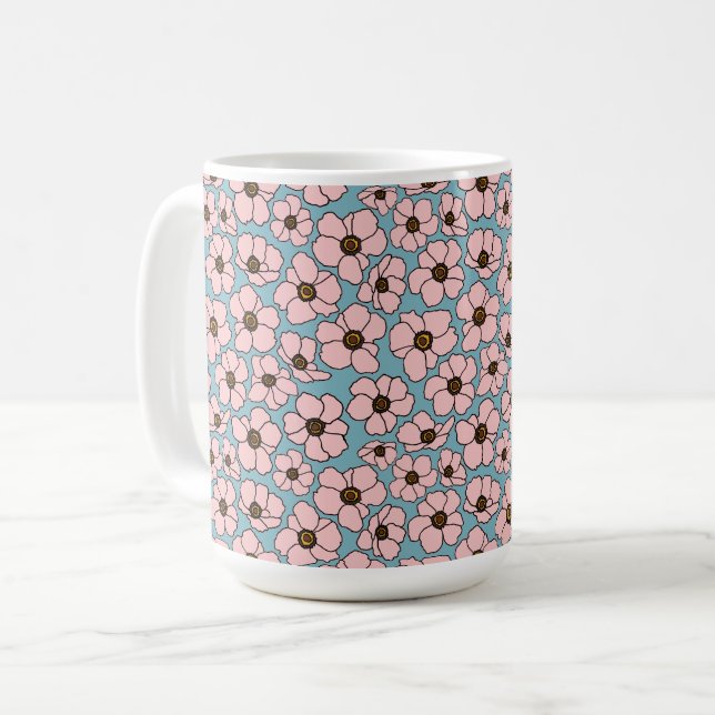 Rosa blommor på blå bakgrund   kaffemugg (Framsida vänster)