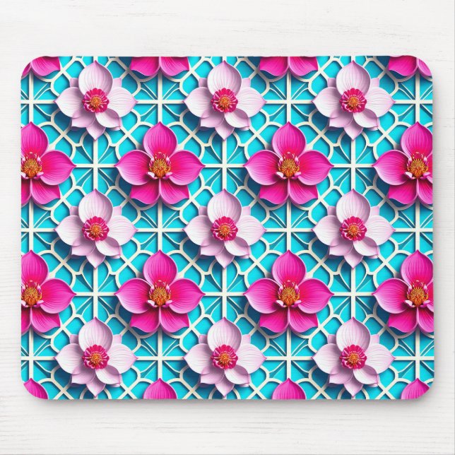 Rosa blommor på en geometrisk blå bakgrund musmatta (Framsidan)