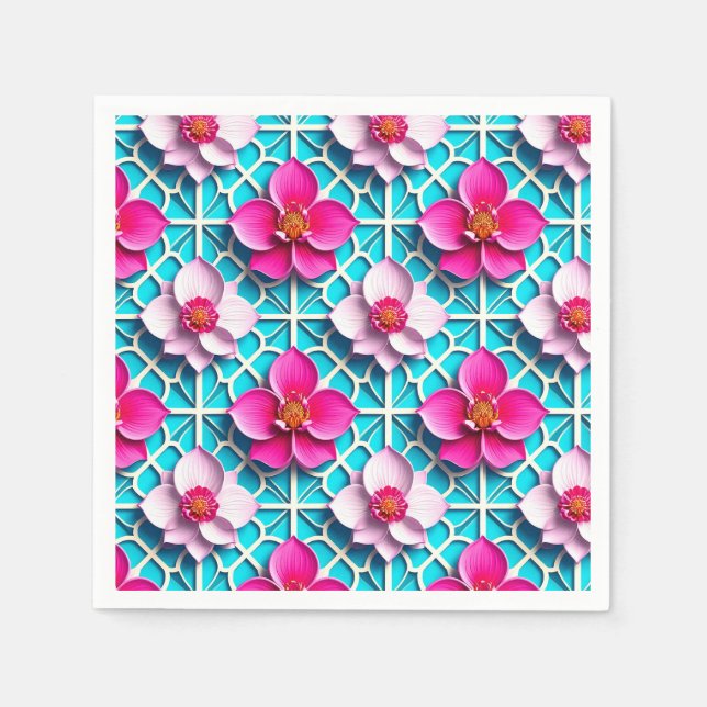 Rosa blommor på en geometrisk blå bakgrund pappersservett (Framsidan)