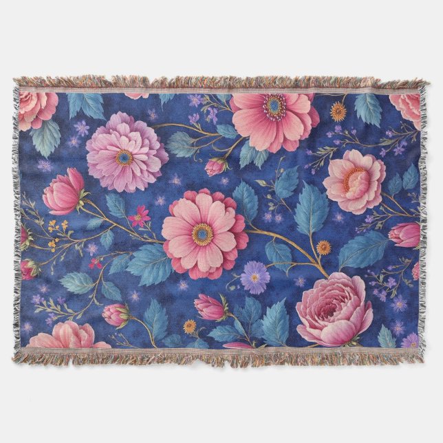 Rosa blommor på livlig blå mönster filt (Framsidan)