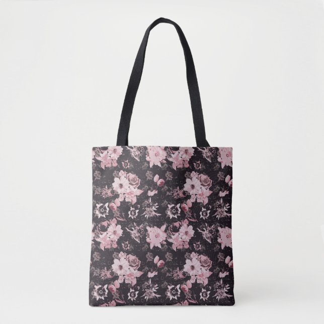 Rosa blommor på mörk bakgrund tygkasse (Framsida)