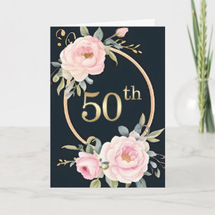 Rosa blommor på svart 50-års bröllopsdag kort