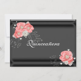 Rosa blommor på svart, Quinceañera, 15-årsdag Inbjudningar