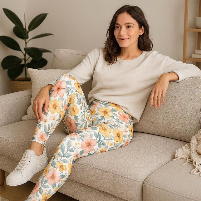 Rosa Blommor på Vit Blommig Mönster  Leggings (Skapare uppladdad)