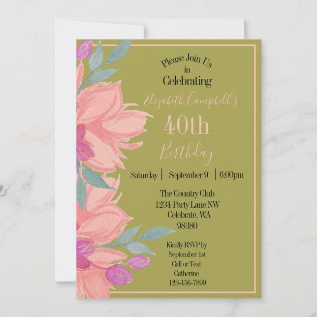 Rosa blommor Personlig födelsedag Inbjudningar (Framsida)