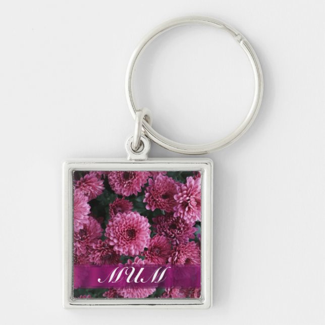 Rosa Blommor personlig mor Fyrkantig Silverfärgad Nyckelring (Framsidan)