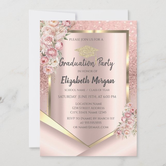 Rosa blommor ram rose gold glitter examen inbjudningar (Framsida)