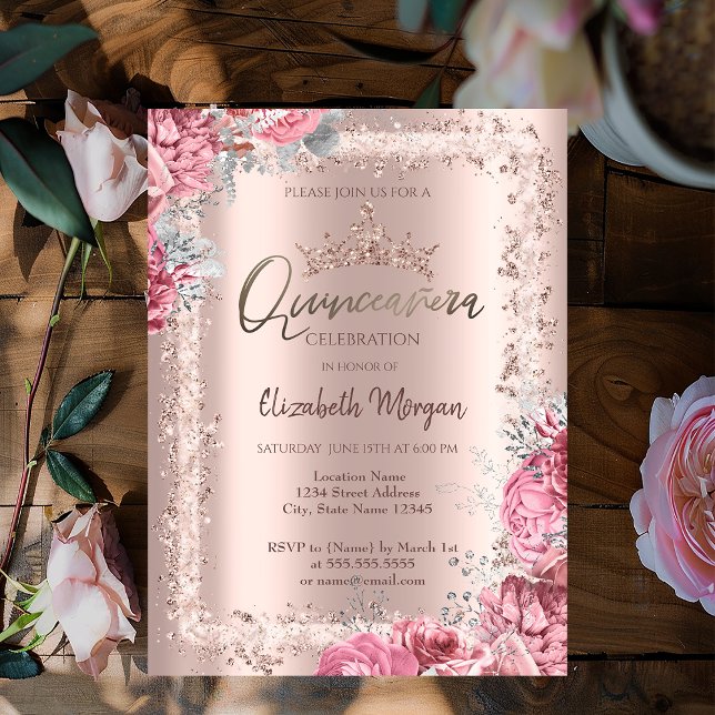 Rosa blommor Rose Guld Glitter Ram Krona  Inbjudningar (Skapare uppladdad)