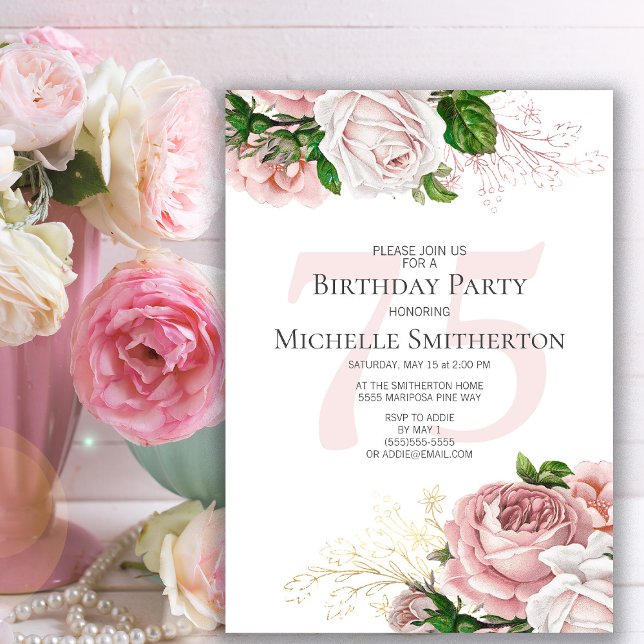 Rosa Blommor Rosor Vita 75-årsdag Inbjudningar (Elegant pink vintage roses 75th birthday party invitation for women)