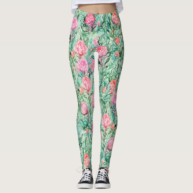 Rosa blommor, sage grönt, sömlös. leggings (Framsida)