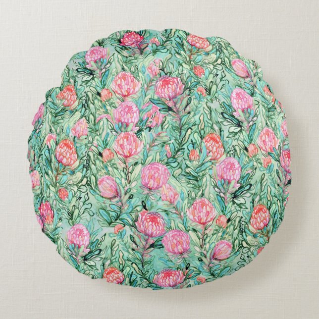 Rosa blommor, sage grönt, sömlös. rund kudde (Framsidan)
